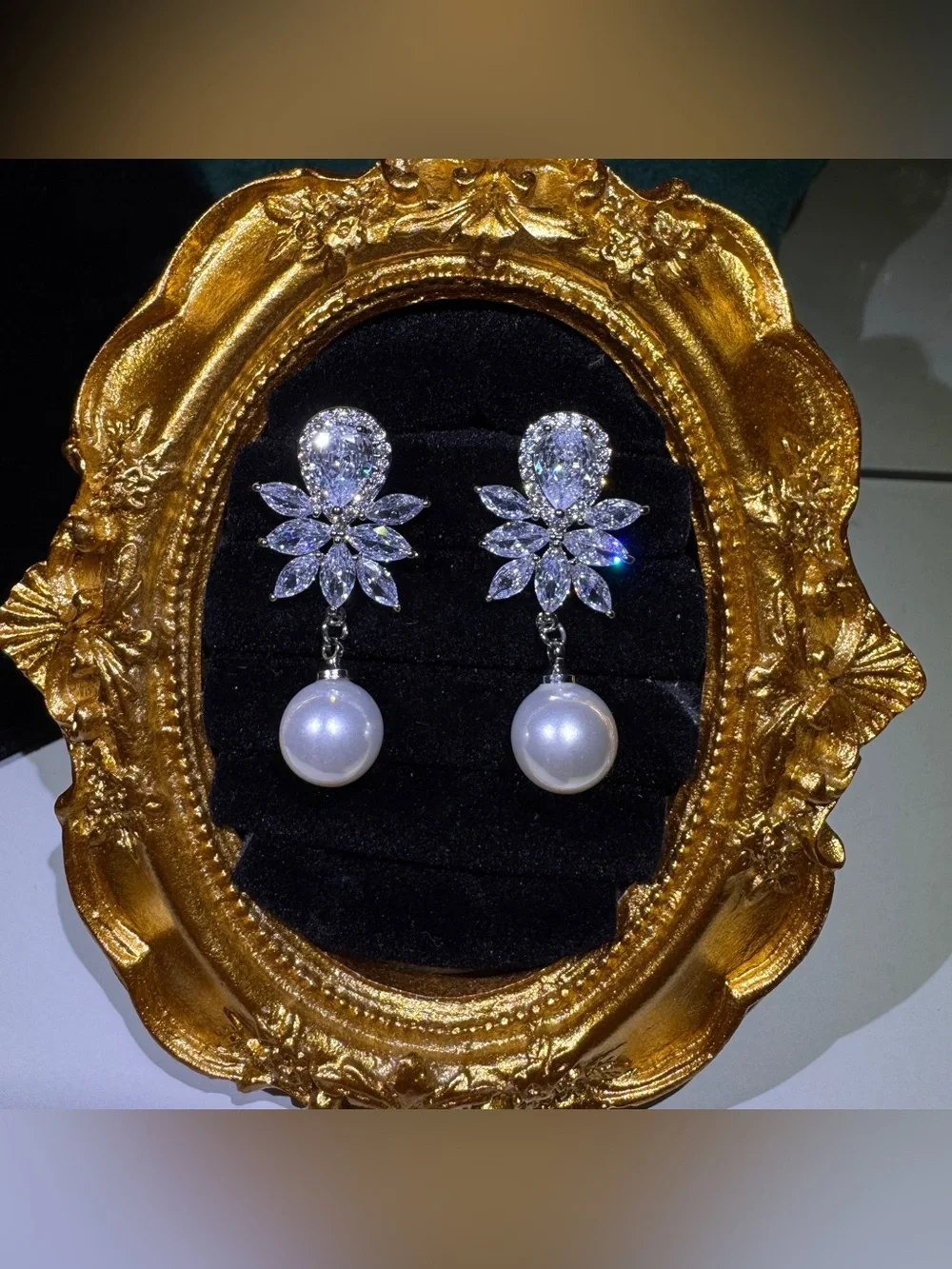 Crystal Floral Pearl Drop Earrings - Silver Tone